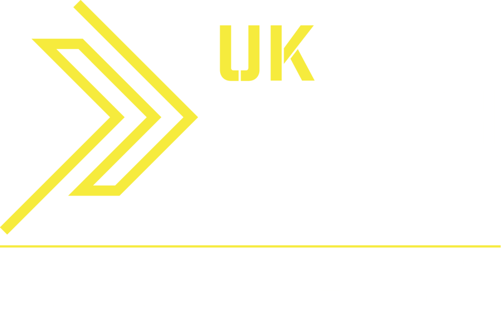 UK Search Awards finalist logo white and yellow on transparent background. 